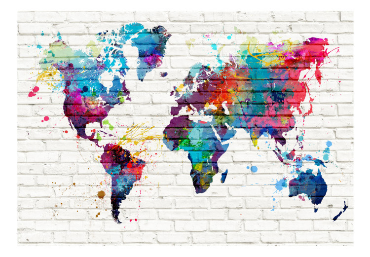 Wall Mural Colourful travel - world map in watercolour motif on white brick 97545 additionalImage 1