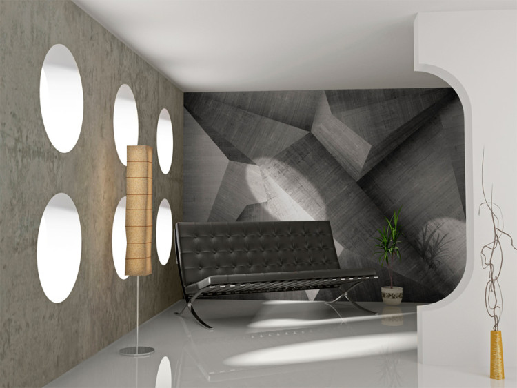 Wall Mural Grey abstraction - geometric concrete blocks in 3D illusion space 97655