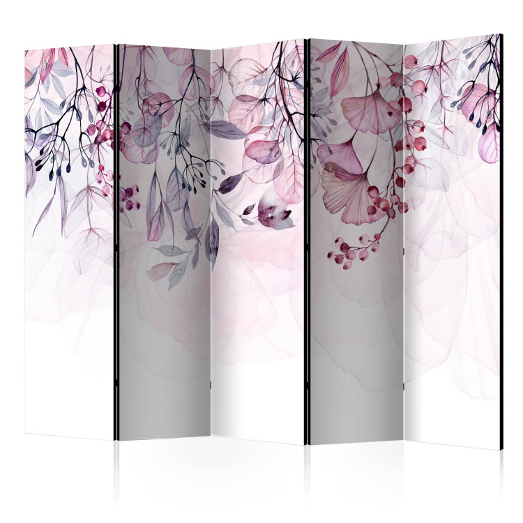 Room Divider Misty Nature - Pink II (5-piece) - Pattern in leaves and plants 136165