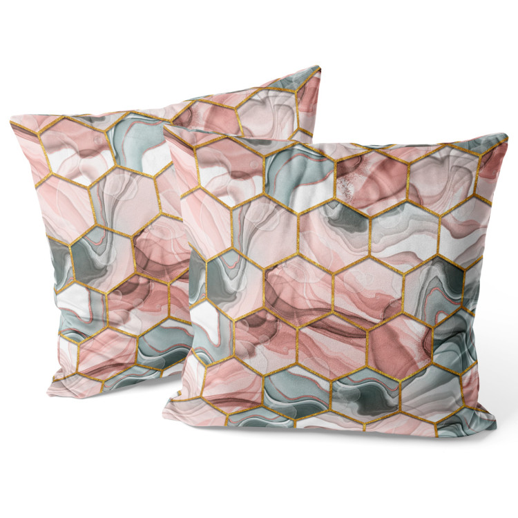 Decorative Velor Pillow Plant hexagons - motif in shades of gold, green and red 147265 additionalImage 3