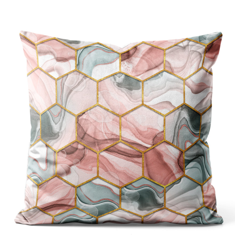 Decorative Velor Pillow Plant hexagons - motif in shades of gold, green and red 147265