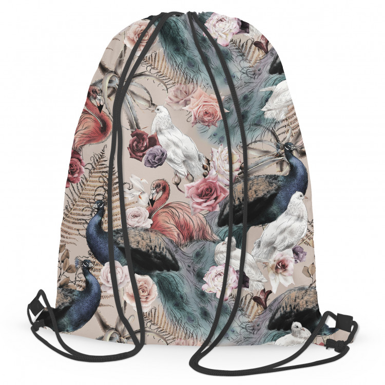 Backpack Courtyard beauty - ferns, roses and exotic birds on a beige background 147365