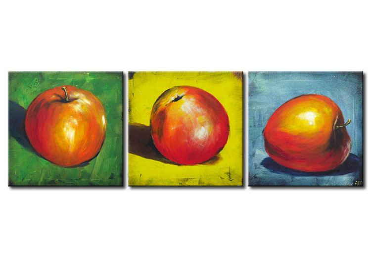 Canvas Still Life (3-piece) - Motif of red apples on a colorful background 48465