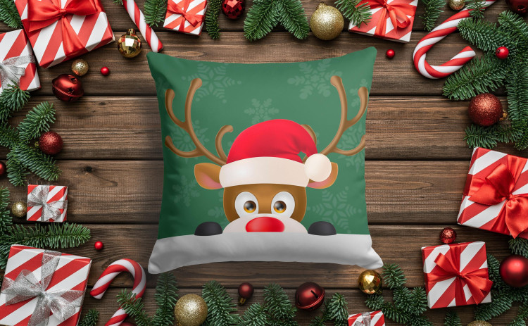 Decorative Microfiber Pillow Curious Christmas reindeer - animal with Santa hat on green background with snowflakes 148485 additionalImage 3