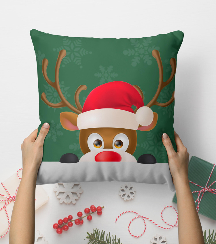 Decorative Microfiber Pillow Curious Christmas reindeer - animal with Santa hat on green background with snowflakes 148485 additionalImage 4