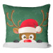 Decorative Microfiber Pillow Curious Christmas reindeer - animal with Santa hat on green background with snowflakes 148485