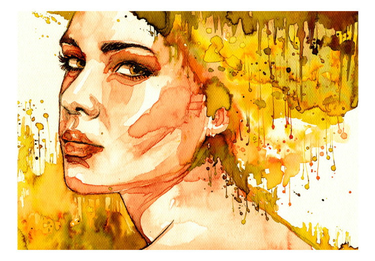 Wall Mural Amber portrait of a woman - silhouette and face of a woman in yellow watercolour 64526 additionalImage 1