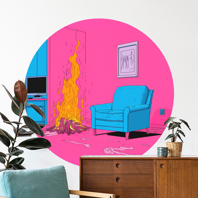 Round wallpaper Home Campfire - Hearth and Blue Armchair Against a Pink Wall 151636 additionalImage 2