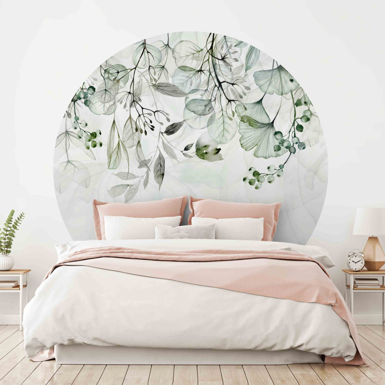 Round wallpaper Watercolor Nature - Green Leaves and Flowers on a Light Background 151446
