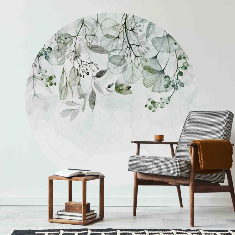 Round wallpaper Watercolor Nature - Green Leaves and Flowers on a Light Background 151446 additionalImage 1