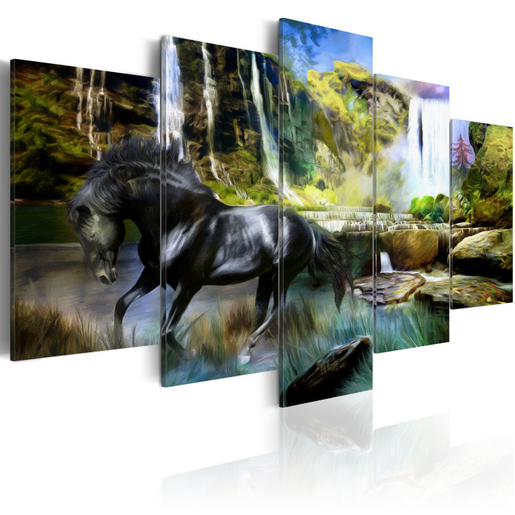 Canvas Black horse on the background of paradise waterfall 55646 additionalImage 2