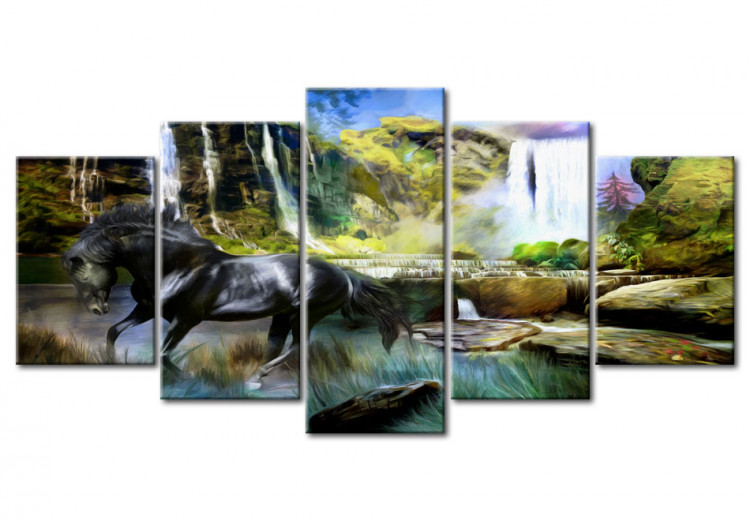 Canvas Black horse on the background of paradise waterfall 55646