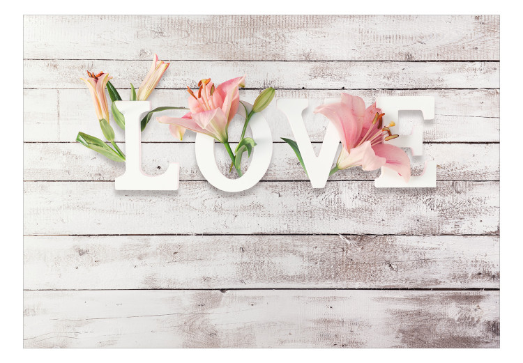Wall Mural Flowers in love - inscription in English on a light background with wood texture 132166 additionalImage 1