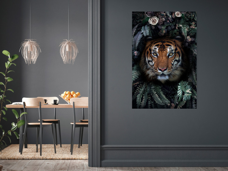 Poster Tiger in Leaves - portrait of a tiger against a background of green plants and flowers 138696 additionalImage 5