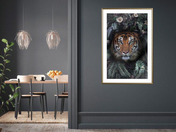 Poster Tiger in Leaves - portrait of a tiger against a background of green plants and flowers 138696 additionalImage 17