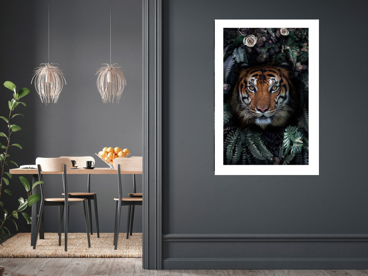 Poster Tiger in Leaves - portrait of a tiger against a background of green plants and flowers 138696 additionalImage 14
