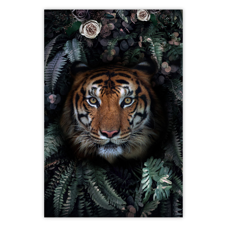 Poster Tiger in Leaves - portrait of a tiger against a background of green plants and flowers 138696