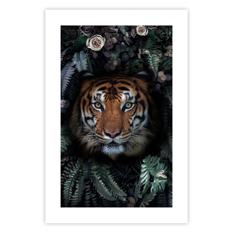 Poster Tiger in Leaves - portrait of a tiger against a background of green plants and flowers 138696 additionalImage 11