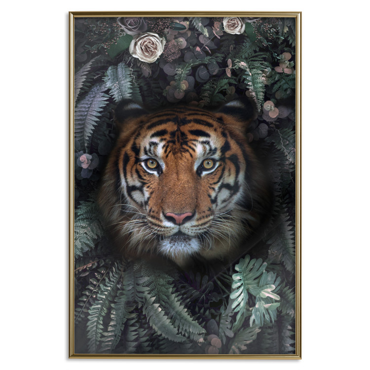 Poster Tiger in Leaves - portrait of a tiger against a background of green plants and flowers 138696 additionalImage 20