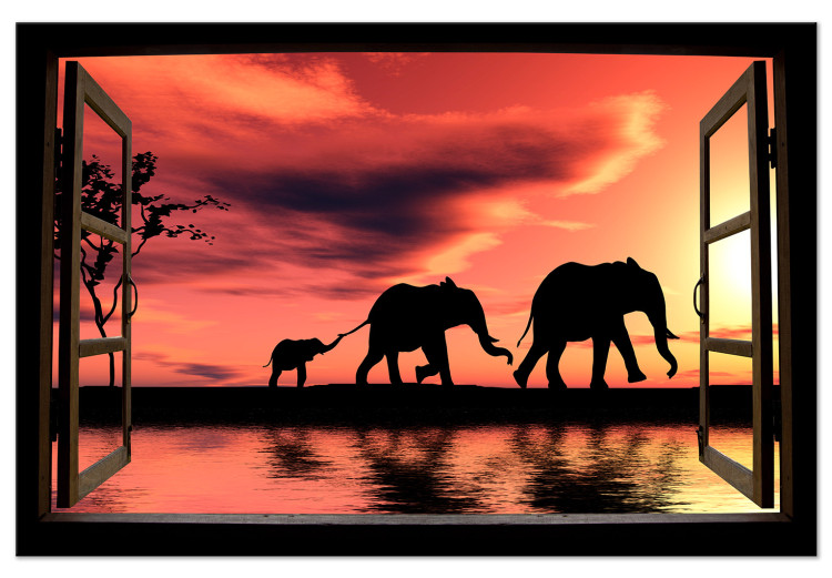 Canvas Wandering elephants seen through an open window - African landscape 125007
