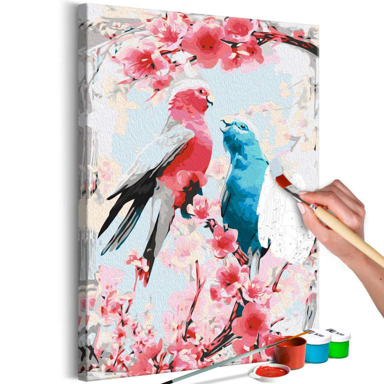 Paint by Number Kit Enamored Pink and Blue - Lovely Parrots Sitting on Branch and Pink Flowers 144617 additionalImage 5