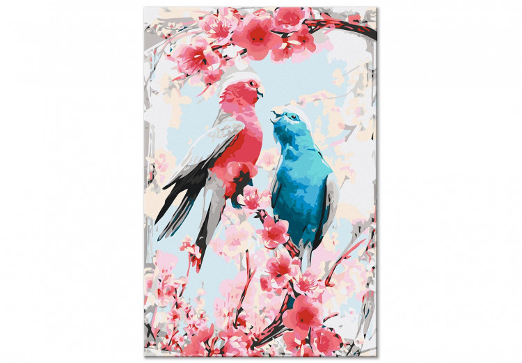 Paint by Number Kit Enamored Pink and Blue - Lovely Parrots Sitting on Branch and Pink Flowers 144617 additionalImage 7
