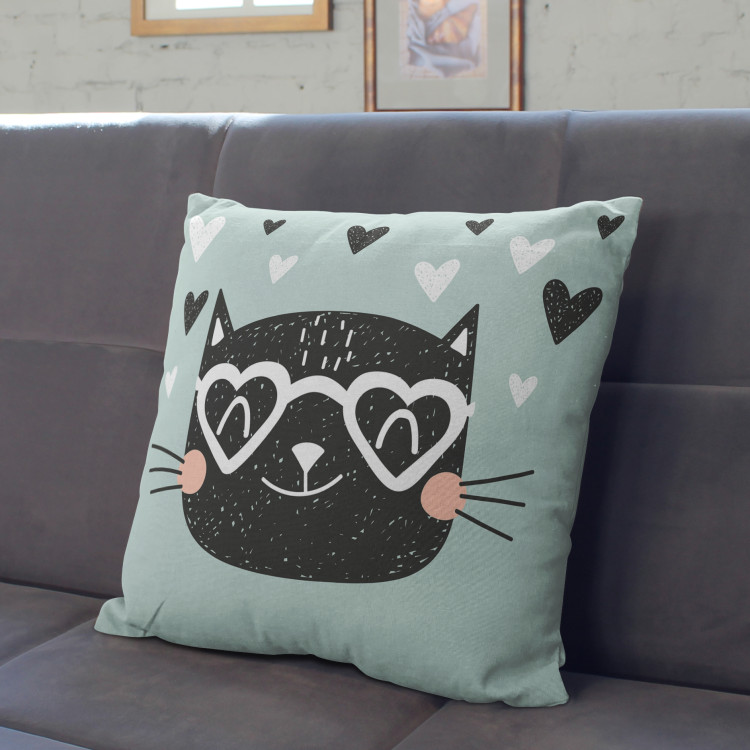 Decorative Microfiber Pillow Cat in love - animal and hearts held in shades of white and black cushions 147027 additionalImage 2