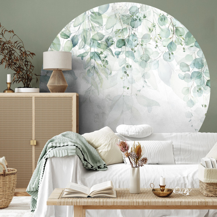 Round wallpaper Green Waterfall - Delicate Twigs Full of Leaves on a White Background 149147 additionalImage 2