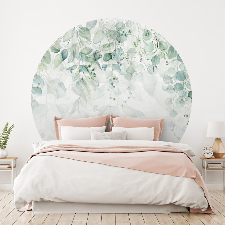 Round wallpaper Green Waterfall - Delicate Twigs Full of Leaves on a White Background 149147
