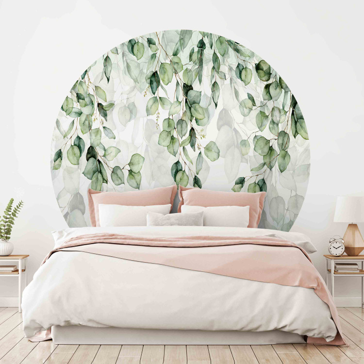 Round wallpaper Painted Leaves - Watercolor Plants on a Light Green Background 151457