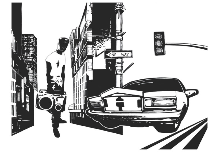 Wall Mural Street Art - Black and White Capture of Architecture with Taxi and Character 61477 additionalImage 1
