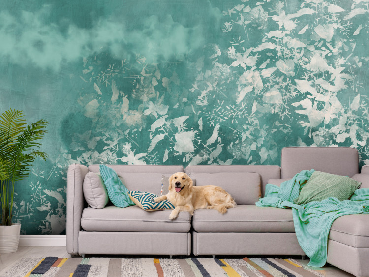 Wall Mural Blue nature - floral motif with flowers on a turquoise background in watercolour 135487
