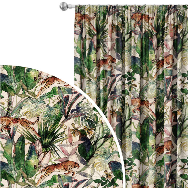 Decorative Curtain Savannah parchment - tropical vegetation, cheetahs on beige background 147187