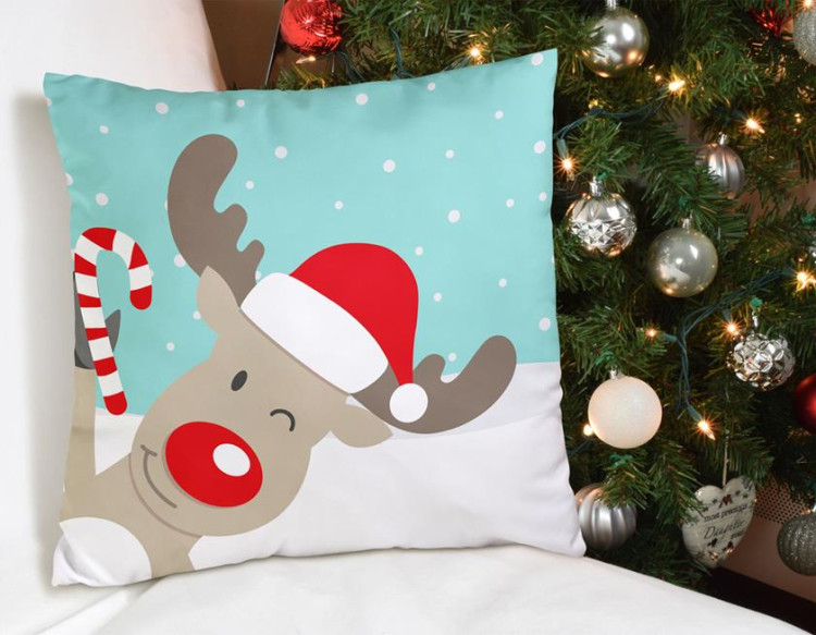 Decorative Microfiber Pillow Christmas animal - a red-nosed reindeer wearing a Santa hat in a winter setting 148487 additionalImage 4