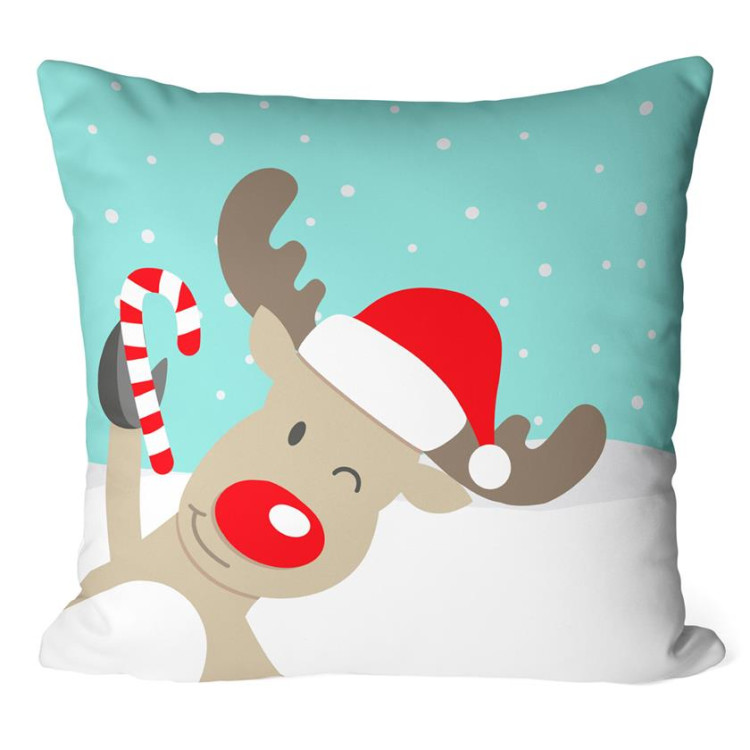 Decorative Microfiber Pillow Christmas animal - a red-nosed reindeer wearing a Santa hat in a winter setting 148487