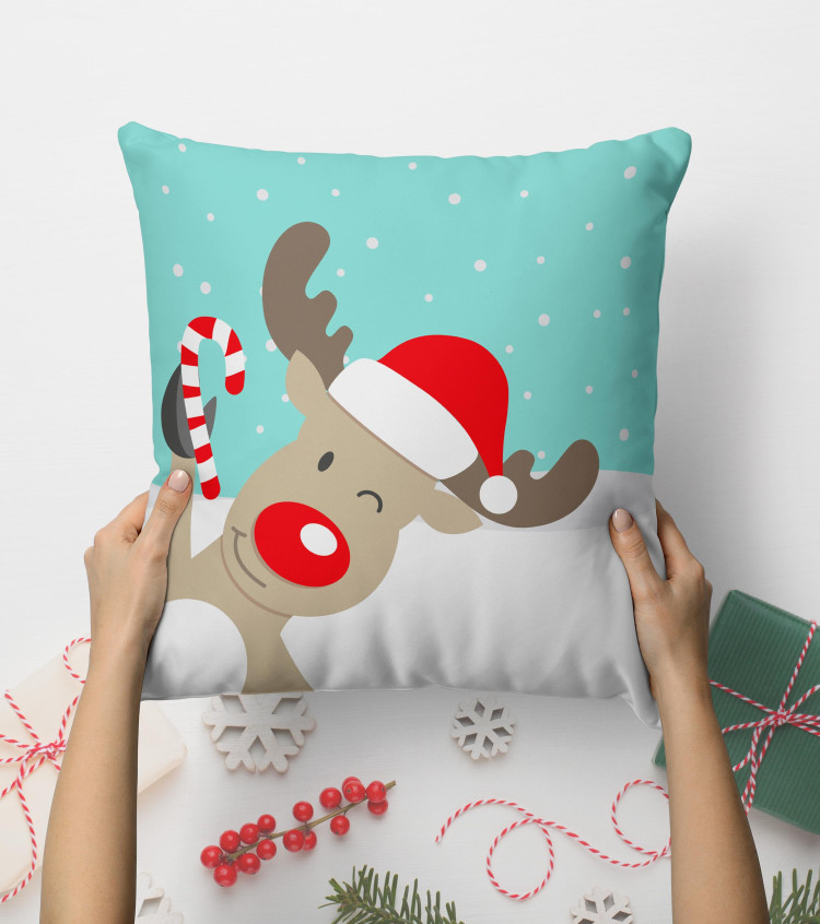 Decorative Microfiber Pillow Christmas animal - a red-nosed reindeer wearing a Santa hat in a winter setting 148487 additionalImage 3