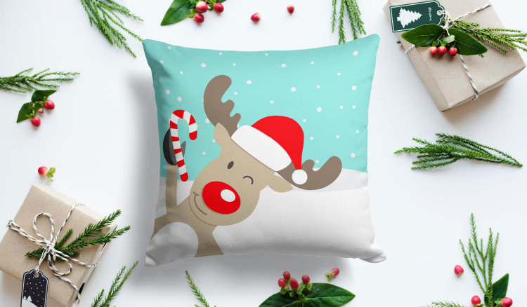 Decorative Microfiber Pillow Christmas animal - a red-nosed reindeer wearing a Santa hat in a winter setting 148487 additionalImage 2