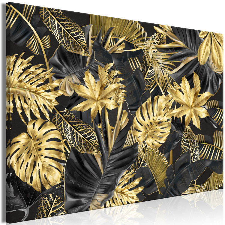 Canvas Golden and black tropical leaves - a landscape with a floral motif 131697 additionalImage 2