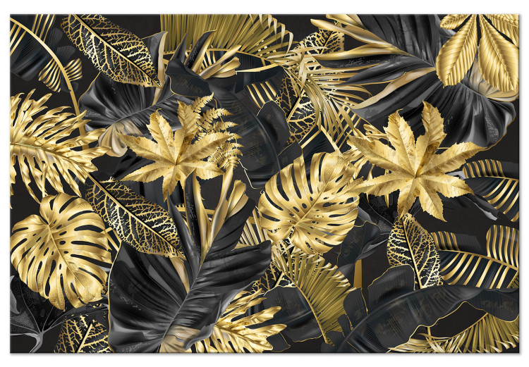 Canvas Golden and black tropical leaves - a landscape with a floral motif 131697