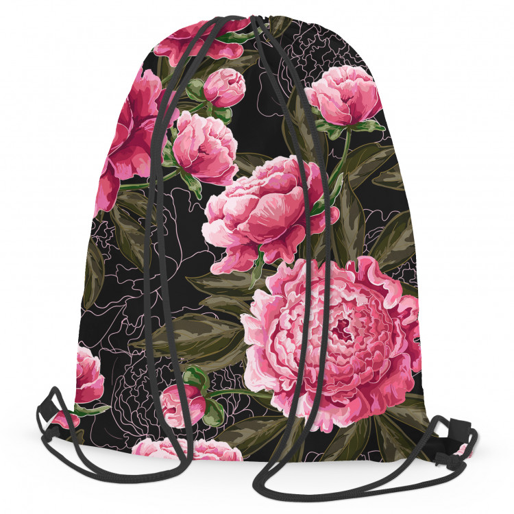Backpack Chinese peonies - floral motif in shades of pink on a dark background 147418