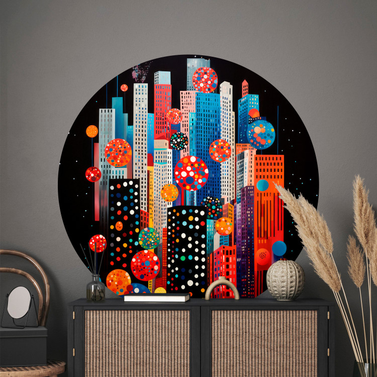 Round wallpaper Colors of the City at Night - Composition of Multicolored Buildings on a Dark Background 151618
