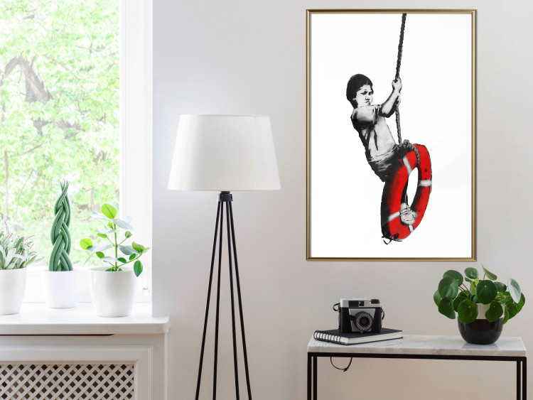 Poster Banksy: Boy on a Swing - black and white boy on a swing with a wheel 132428 additionalImage 5