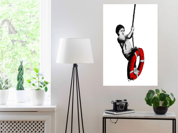 Poster Banksy: Boy on a Swing - black and white boy on a swing with a wheel 132428 additionalImage 17