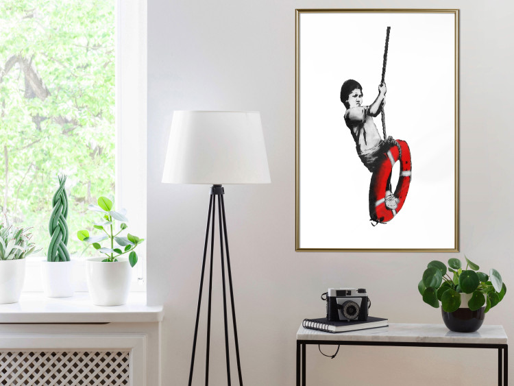 Poster Banksy: Boy on a Swing - black and white boy on a swing with a wheel 132428 additionalImage 13