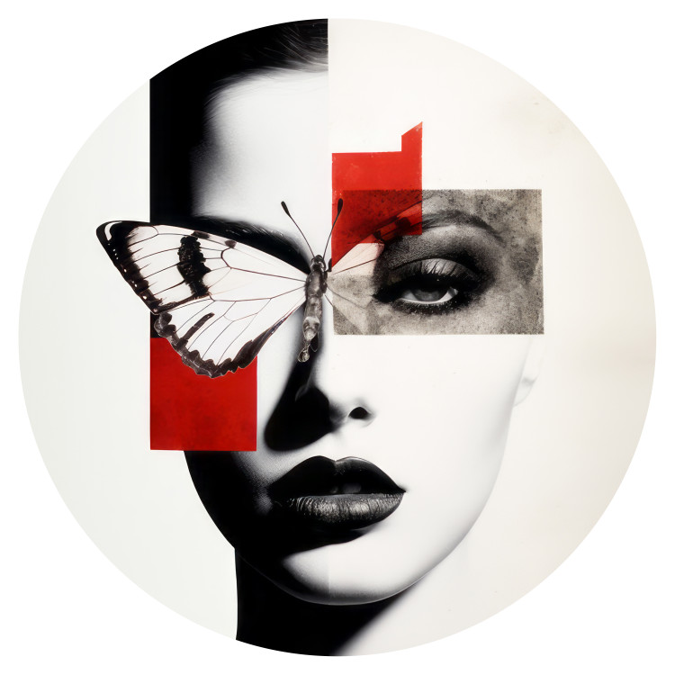Round wallpaper Queen of the Night - Black and White Portrait of a Woman With a Moth With a Red Accent 151638 additionalImage 1