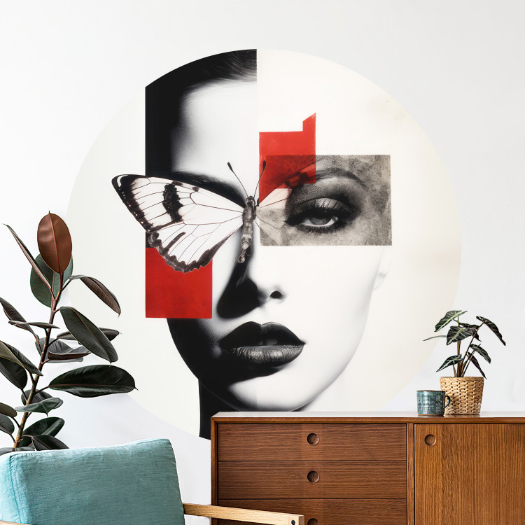 Round wallpaper Queen of the Night - Black and White Portrait of a Woman With a Moth With a Red Accent 151638