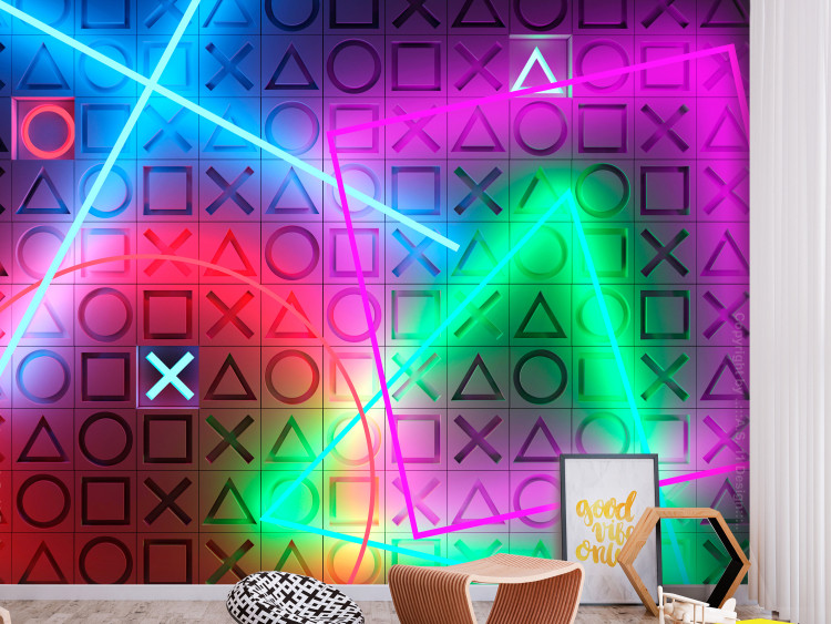 Wall Mural Neon game symbols - abstract coloured figures for a game room 137248