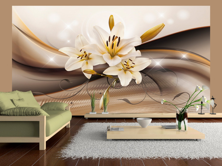 Wall Mural Abstraction with glamour - lilies with ornaments on a background with a wave pattern 90448