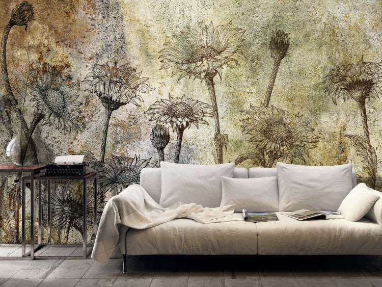 Wall Mural Old engraving - blooming field flowers with leaves in retro style 135768