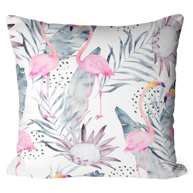 Decorative Microfiber Pillow Flamingos on holiday - floral design with exotic leaves and birds cushions 146878